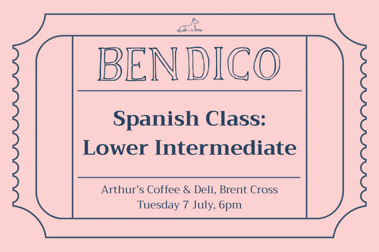 Promotional poster for Bendico Spanish Class on a pink background