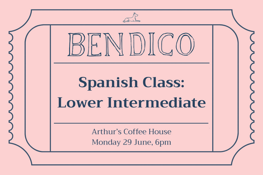 Promotional poster for Bendico Spanish Class on a pink background