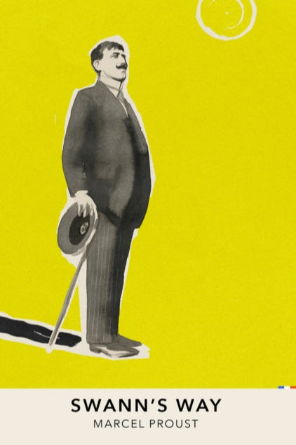 Book cover of 'Swann's Way' by Marcel Proust with a stylized illustration of a man on a yellow background.