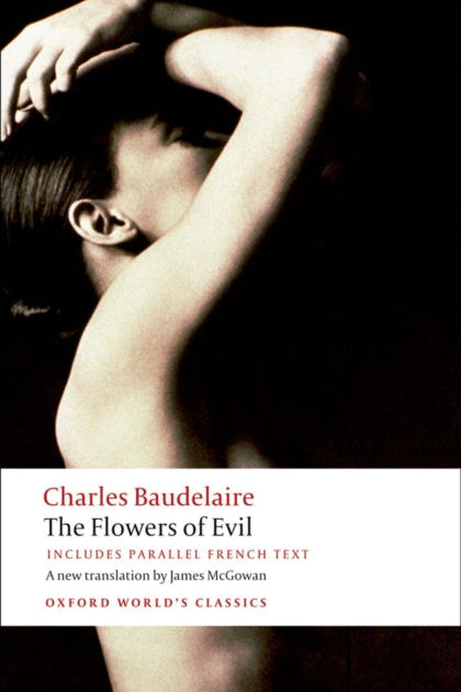 Book cover of 'The Flowers of Evil' by Charles Baudelaire with a black and white image of a person.