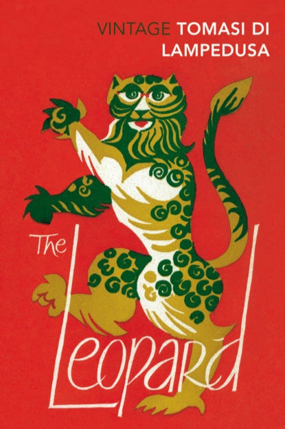 Book cover of 'The Leopard' by Tomasi di Lampedusa with a stylized leopard design on a red background.
