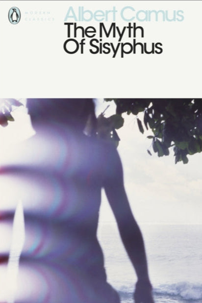 Book cover of 'The Myth of Sisyphus' by Albert Camus with a blurred figure and trees in the background.