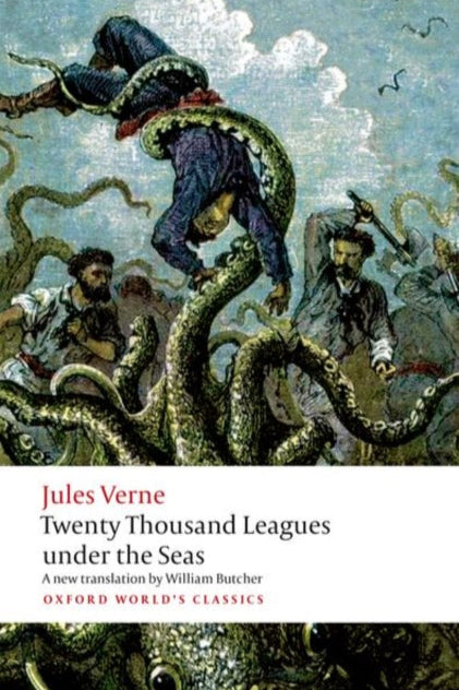 Book cover of 'Twenty Thousand Leagues under the Seas' by Jules Verne with a depiction of a man being attacked by an octopus.