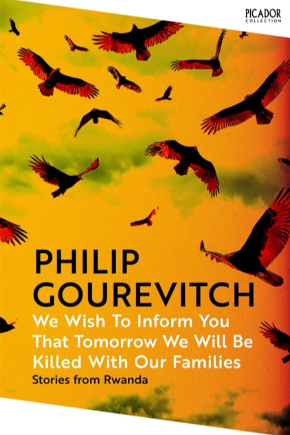 Book cover with birds flying against a yellow and orange background, featuring the author Philip Gourevitch and book title.