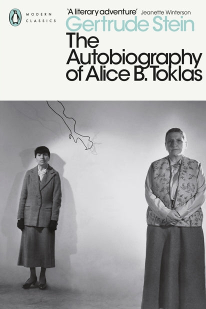 Book cover of 'The Autobiography of Alice B. Toklas' by Gertrude Stein with a black and white photo of two people.