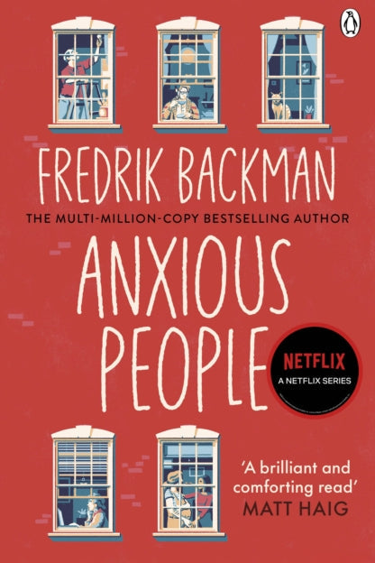 Book cover of 'Anxious People' by Fredrik Backman with illustrations of windows and text on a red background.