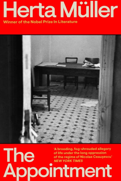 Book cover of 'The Appointment' by Herta Muller with a black and white photo of a room.