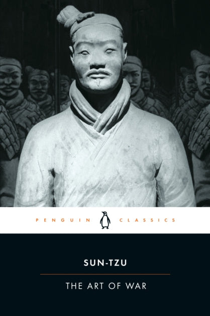 Book cover of 'The Art of War' by Sun-Tzu with a black and white image of a warrior statue.