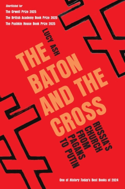 Book cover of 'The Baton and the Cross' by Lucy Ash with red background and black cross symbol.