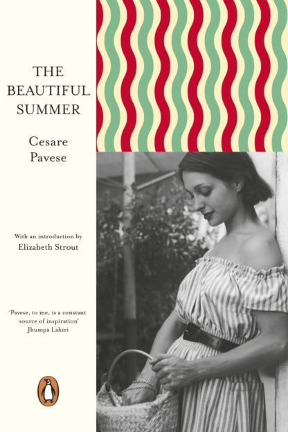 Book cover of 'The Beautiful Summer' by Cesare Pavese with a woman in a striped dress holding a basket.