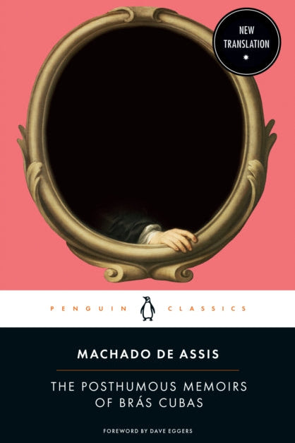 Book cover of 'The Posthumous Memoirs of Bras Cubas' by Machado de Assis with a pink background and gold frame.