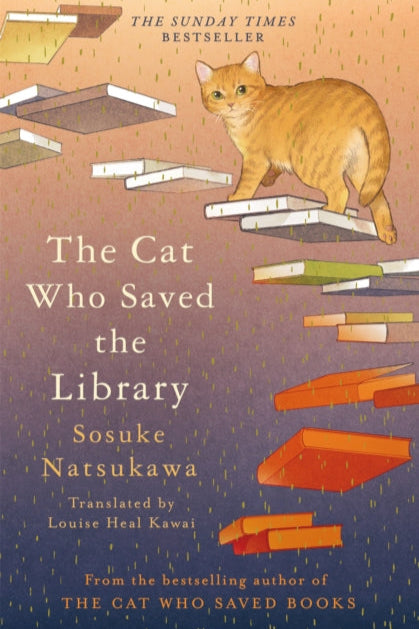 Book cover of 'The Cat Who Saved the Library' with a cat on books and shelves.
