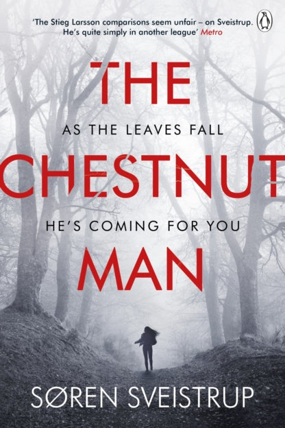 Book cover of 'The Chestnut Man' with a silhouette walking through a forest.