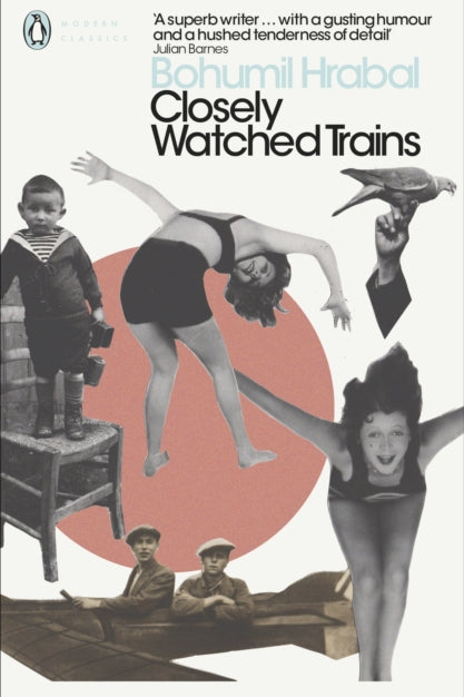 Book cover of 'Closely Watched Trains' by Bohumil Hrabal with abstract design elements.