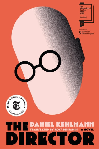 Book cover of 'The Director' by Daniel Kehlmann with a stylized face and eyeglasses on an orange background.