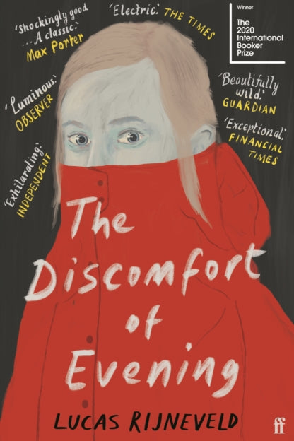 Book cover of 'The Discomfort of Evening' by Lucas Rijneveld with a person wearing a red garment.