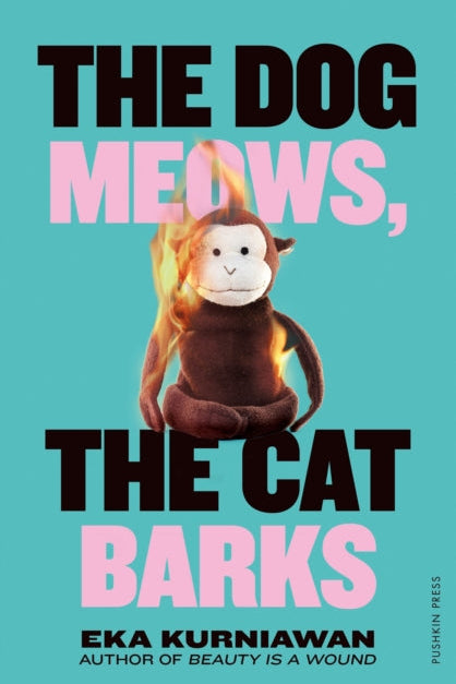 Book cover of 'The Dog Meows, The Cat Barks' with a monkey plush toy on a teal background