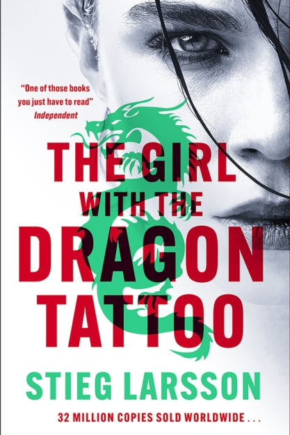 Book cover of 'The Girl with the Dragon Tattoo' by Stieg Larsson featuring a woman's face and dragon tattoo.