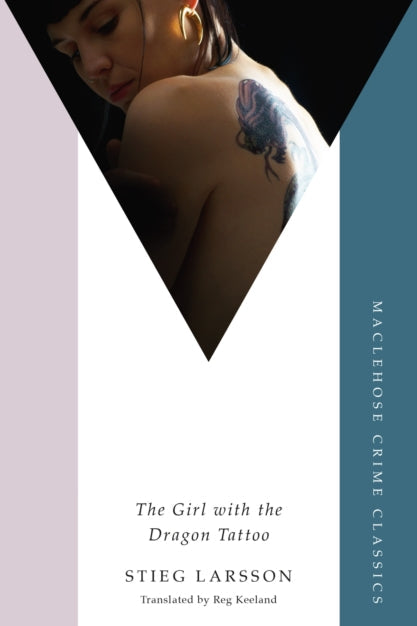 Book cover for 'The Girl with the Dragon Tattoo' by Stieg Larsson, featuring a woman's tattooed shoulder within a geometric design of black, white, pale lavender, and teal.