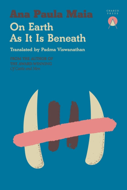 Book cover of 'On Earth As It Is Beneath' with abstract illustrations on a blue background