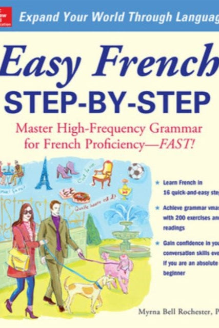 Book cover of 'Easy French Step-by-Step' with illustrations of people walking a dog in a park.