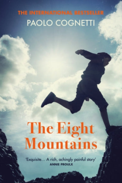 Book cover of 'The Eight Mountains' by Paolo Cognetti with a silhouette of a person jumping between mountains.