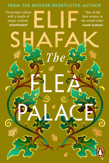 Book cover of 'The Flea Palace' by Elif Shafak with decorative elements on a green background.