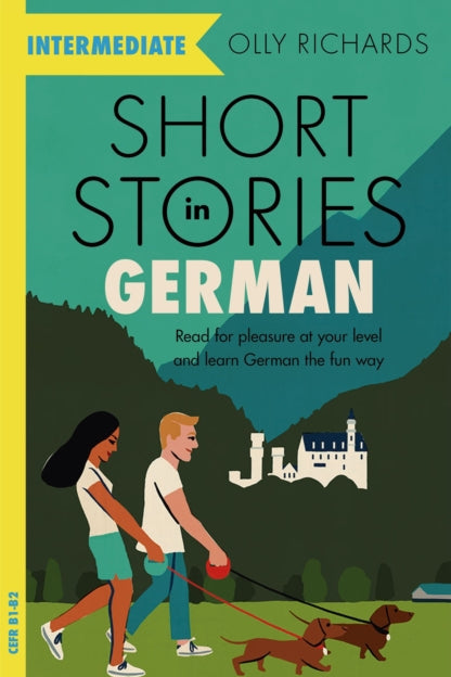 Book cover of 'Short Stories in German' by Olly Richards with a couple and dog illustration.