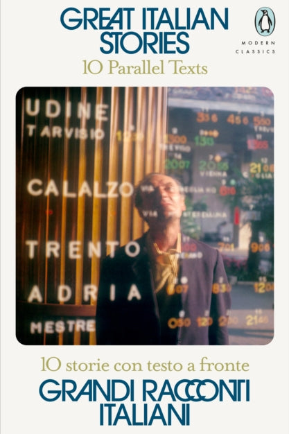 Book cover of 'Great Italian Stories' with a person at an airport and text about Italian cities.