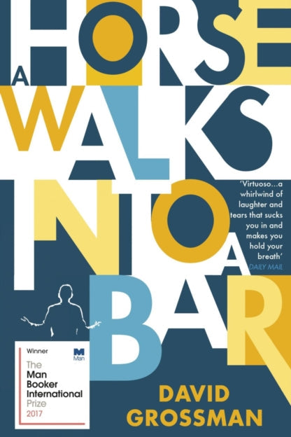 Book cover of 'A Horse Walks into a Bar' by David Grossman with geometric text design.