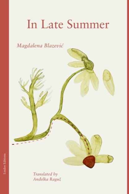 Book cover of 'In Late Summer' with botanical illustrations on a red and white background