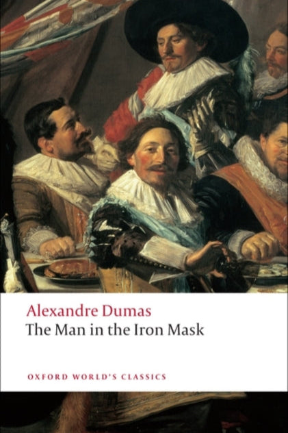 Book cover of 'The Man in the Iron Mask' by Alexandre Dumas with a painting of men around a table.