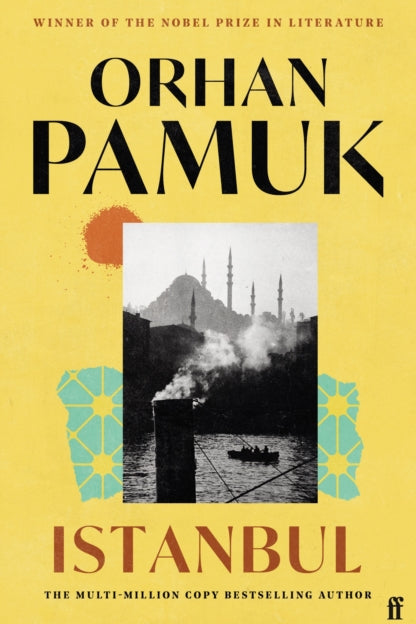 Book cover of 'Istanbul' by Orhan Pamuk with a yellow background and black and white photo of a cityscape.