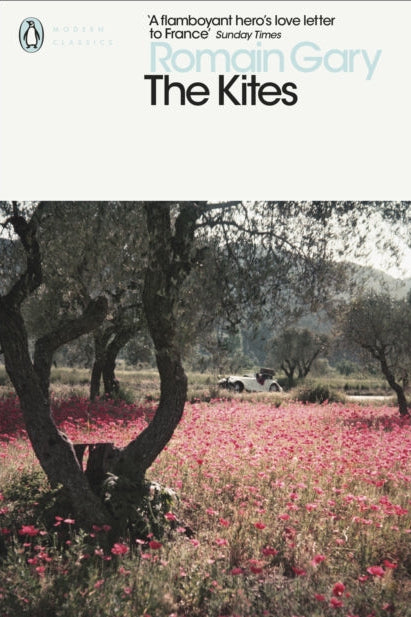 Book cover of 'The Kites' by Romain Gary with a scenic landscape of trees and flowers.