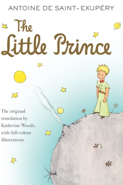 Book cover of 'The Little Prince' with a child on a planet and stars in the background.