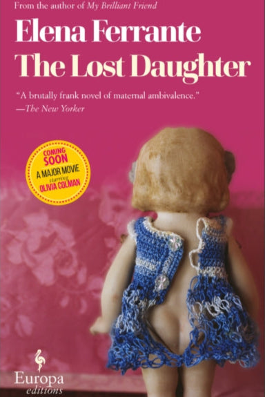 Book cover of 'The Lost Daughter' by Elena Ferrante with a pink background and a doll wearing a blue dress.