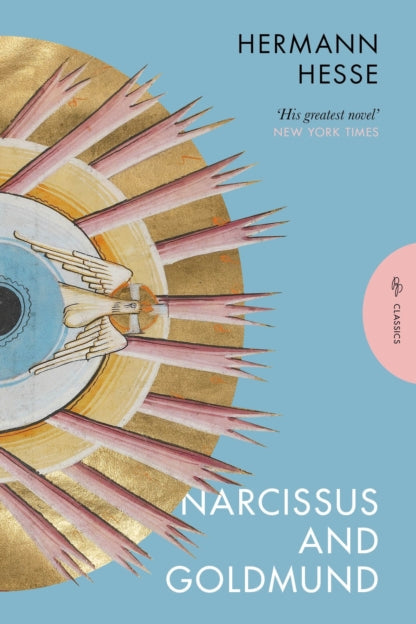 Book cover of 'Narcissus and Goldmund' by Hermann Hesse with artistic design and blue background.