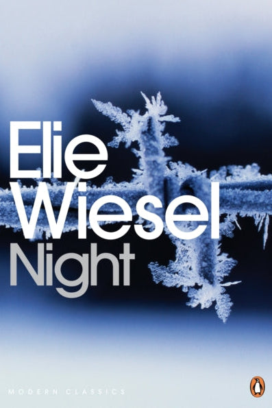 Book cover of 'Night' by Elie Wiesel with a frosty branch design on a blue gradient background.