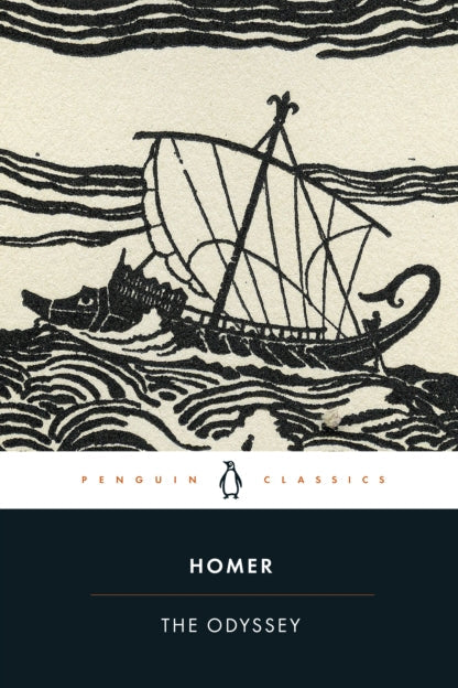 Book cover of 'The Odyssey' by Homer with a ship illustration on a wavy background.