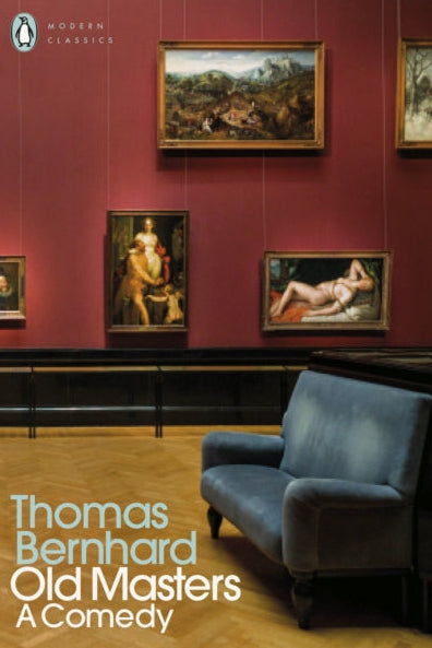 Book cover of 'Old Masters' by Thomas Bernhard with paintings on a wall in the background.