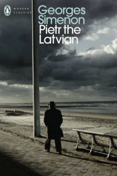Book cover of 'Pietr the Latvian' by Georges Simenon with a silhouette of a man on a beach.