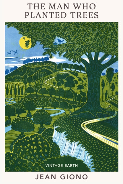 Book cover of 'The Man Who Planted Trees' by Jean Giono with a stylized illustration of a tree and landscape.