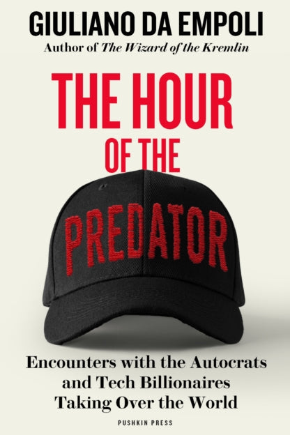 Book cover of 'The Hour of the Predator' with a black cap featuring red text on a white background.