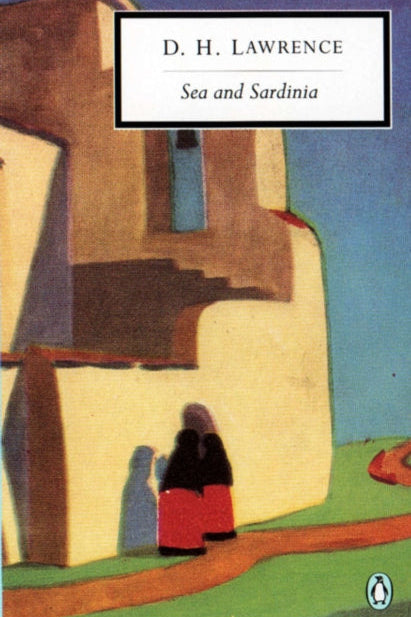 Book cover of 'Sea and Sardinia' by D. H. Lawrence with abstract art design and Penguin logo.