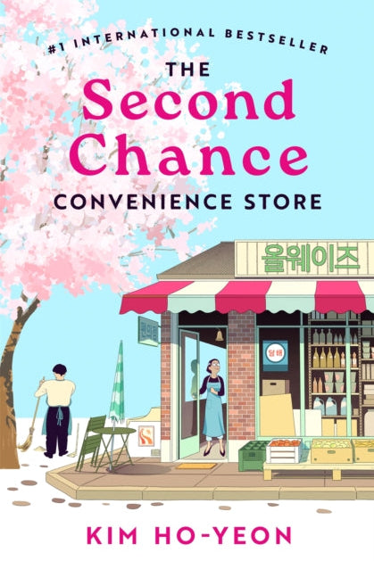 Book cover of 'The Second Chance Convenience Store' with a store and cherry blossoms on a blue background.