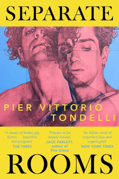 Book cover of 'Separate Rooms' by Pier Vittorio Tondelli with a stylized illustration of two men.