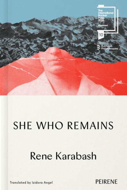 Book cover of 'She Who Remains' by Rene Karabash with a mountainous landscape and red abstract design.