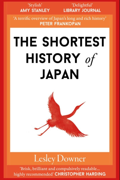 Book cover of 'The Shortest History of Japan' with a red silhouette of a crane on an orange background.