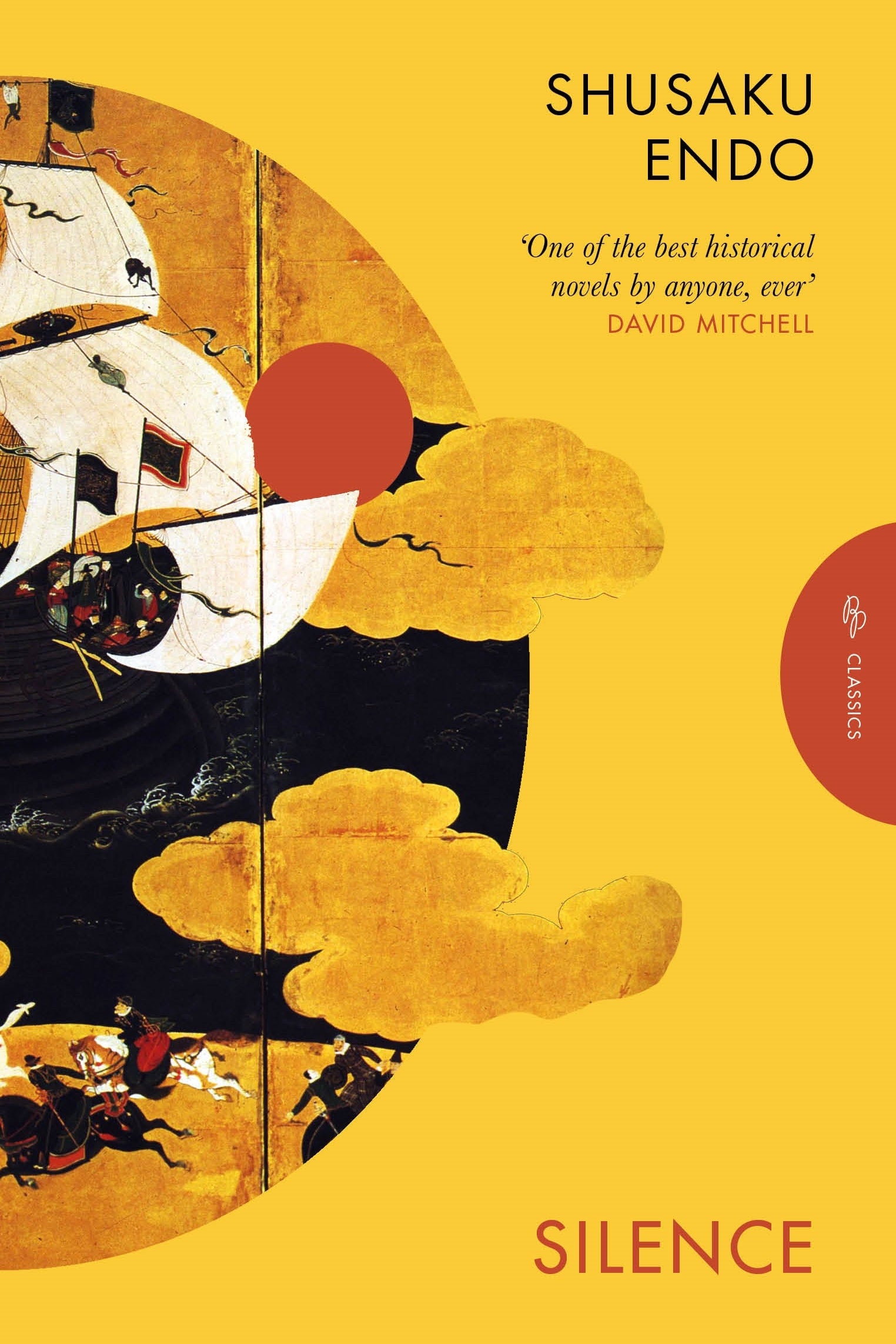 Book cover of 'Silence' by Shusaku Endo with artistic design elements on a yellow background