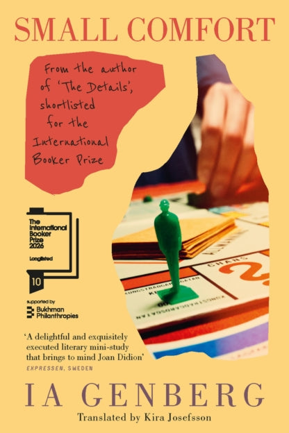 Book cover of 'Small Comfort' by I.A. Genberg with a hand holding a red object over a game board.